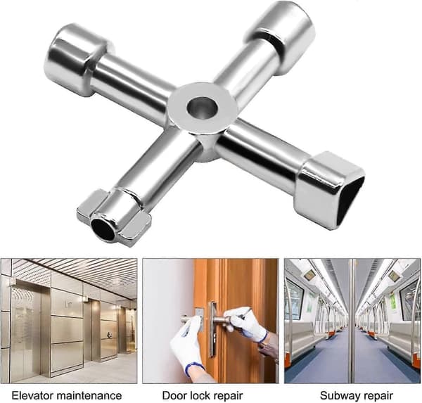 Multifunktionel 4-vejs Universal Trekantnøgle, Multifunktionel, Universal Krydsnøgle, Til Elevatorer, Elektriske Skabe, Ventiler (sølv)
