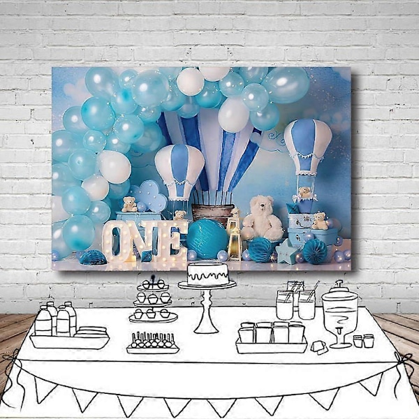 7x5ft Blå Dreng 1. Fødselsdag Fotobaggrund Varmeluftballoner Bjørn Baby Eventyr Baggrund Børnefest Dekoration Banner Nyfødt