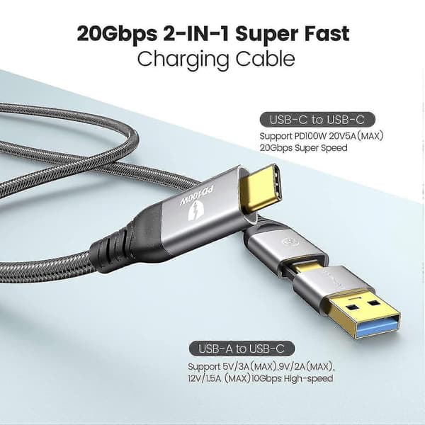 20 Gbps USB 3.2 Gen 2x2 datakabel - 2 m - Støtter 4K-video og 100 W hurtiglading for MacBook, USB-C M