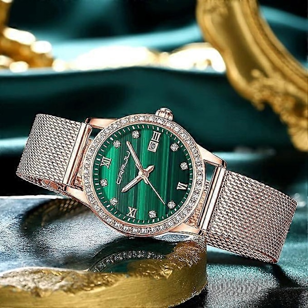 Dame Armbåndsure Vandtæt Krystal Damer Minimalistisk Rosaguld Mesh Rustfrit Stål Rem Armbåndsur Slank Analog Quartz Luksus Rhinestone med Dato