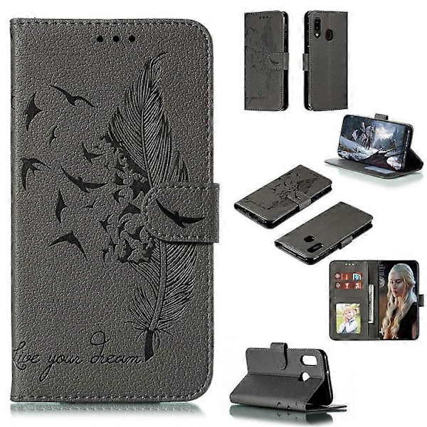 Litchi Tekstur Præget Fjer Læder Telefon Cover med Wallet Stand Kompatibel til Samsung Galaxy A20e Grey