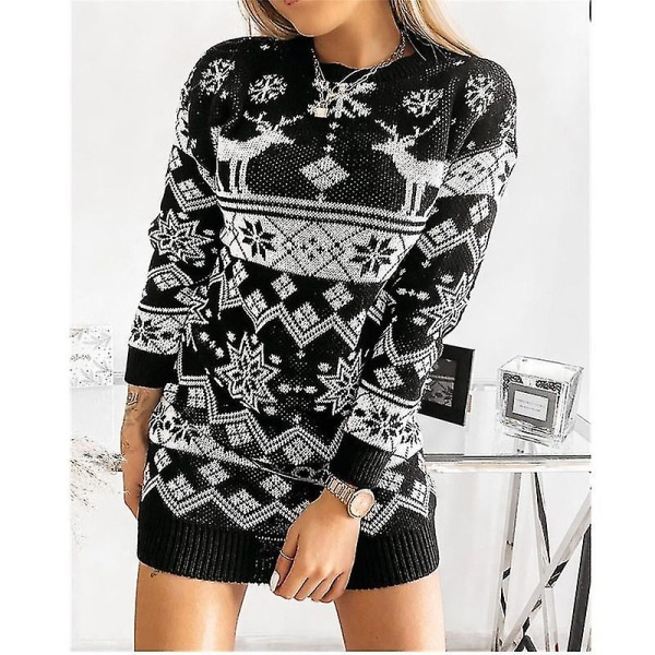 Ny dam jultröja Xmas Elk Knit Pullover Jumper Top Black S