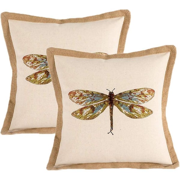 Pakke med 2 broderte dekorasjonsputetrekk, gårdshus bomulls-lin putetrekk, pynteputetrekk til sofa 18 x 18 tommer (csdragonfly)