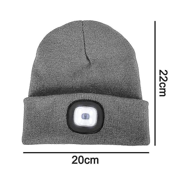 Unisex LED Lue med Lys, Vinterstrikket Lysende Hodelykt Luer Hodelykt Caps Gave til Menn og Kvinner, grå
