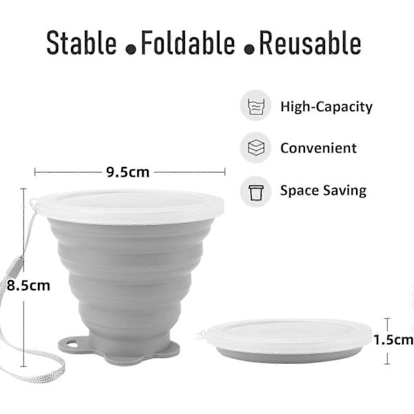 Vikbar silikonmugg 2-pack, BPA-fri, med plastförslutningslock, återanvändbar, lämplig för picknickar, camping, utomhusvandring.