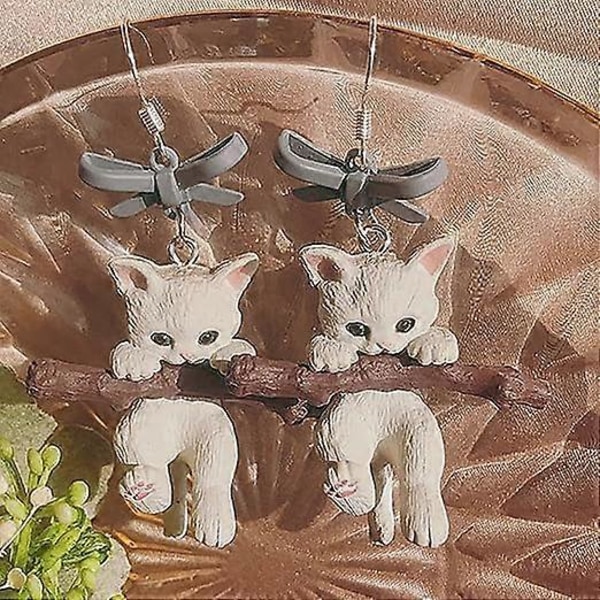 Yndige Hvide Kat Øreringe 3D Resin Kat Klemmer en Gren Drop Dangle Øreringe Tegneserie Dyre Smykker Øreringe til Kvinder Piger