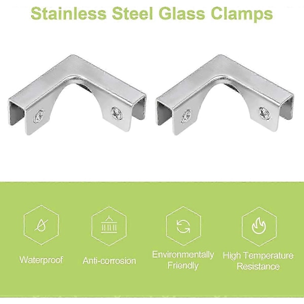Glasklemme, 4 stk. L-formede glasforbindere i rustfrit stål, til 8-10 mm glas