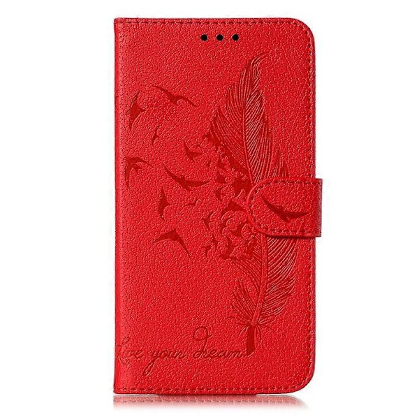 Litchi Tekstur Præget Fjer Læder Telefon Cover med Wallet Stand Kompatibel til Samsung Galaxy A20e Red