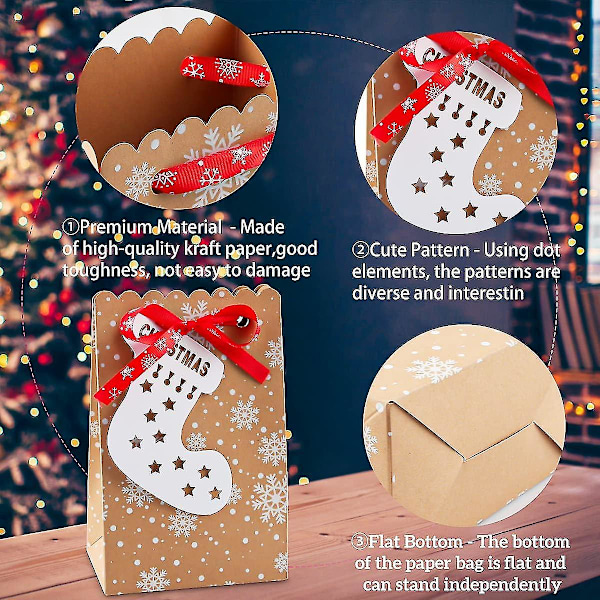 Papir Gavepose, Julepapirbokser, Kraftpapir Julegaveposer, Gaveposer med 24 Hvite Julemerkelapper og Bånd, Kraft Gaveposer for Godteri C
