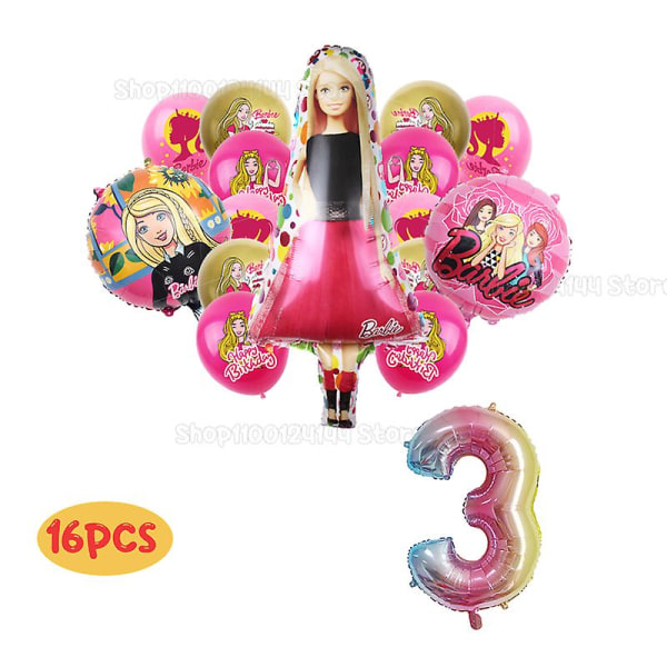 Barbiee-nukke Syntymäpäiväjuhla Koristetarvikkeet Vaaleanpunainen Tyttö Teema Astiat Cup Lautas Ilmapallo Baby Shower Prinsessa Juhlasisustus Lahjat 16pcs set 3