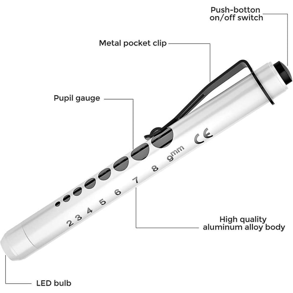 Professionell Pen Light With Pupill Gauge Led Penlight För sjuksköterskor Läkare Medicinsk Penlight Silver 2pcs