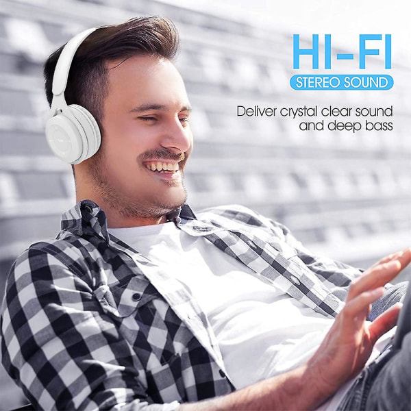Bluetooth-hodetelefoner over øret, trådløse hodetelefoner V5.0, myke minne-protein øreklokker og innebygd mikrofon kompatibel med Iphone/android mobiltelefon/pc/tv White