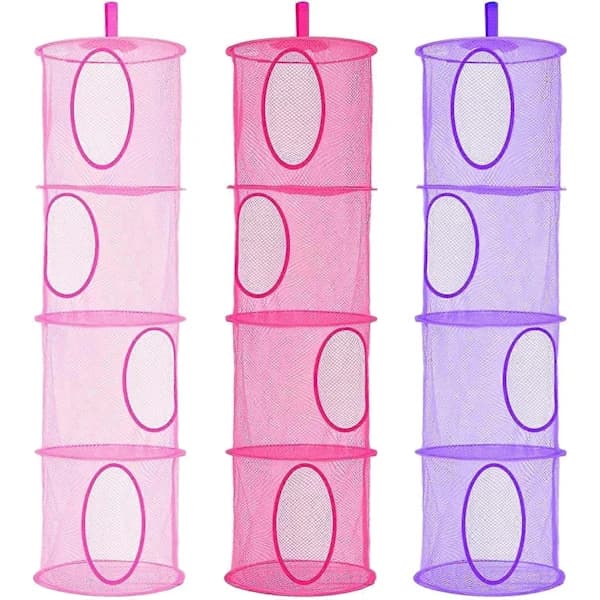 4-lags opbevaringsnet til bamser, 3 sammenklappelige (pink, rød, lilla)