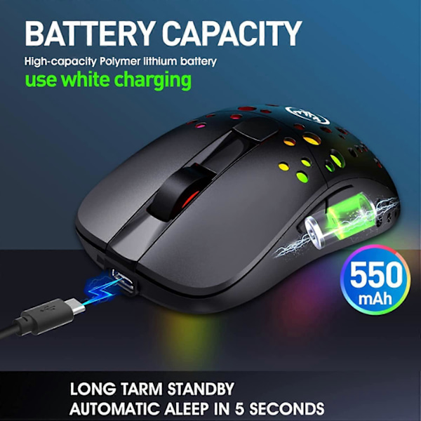 Gamingmus, 2.4G Trådlös och USB Kabelansluten Dual Mode Uppladdningsbar Mus med 6 Programmerbara Knappar Anpassningsbar Bakgrundsbelysning 10000 DPI 1000 Hz (Svart)