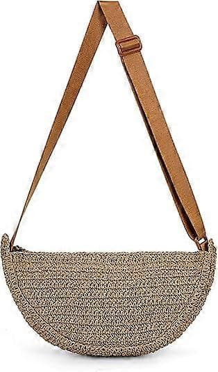Stråväska Crossbody Strandväskor för Kvinnor Raffia Halvmåneväska Vävda Halvmåneväskor Sommar Stråväska Axelväska (Khaki)