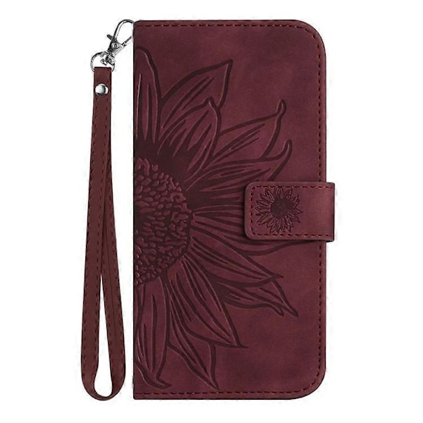 Kompatibelt för Samsung Galaxy M53 5G HT04 Skin-touch PU Läder Mobiltelefon Skydd Skal med Tryckt Solros Ställ Plånboksfodral WineRed
