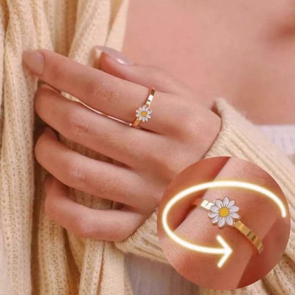 Meditationsring med prästkrageblomma, ångestdämpande, roterbar ring, presenter