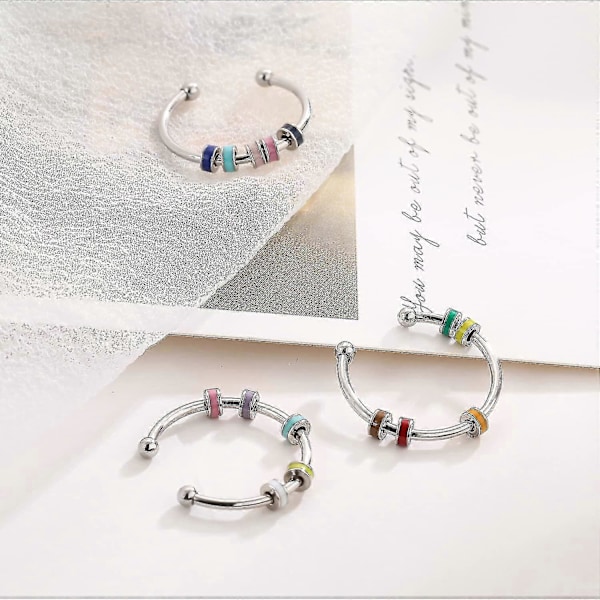 3 st Snurrande Fidget Ring i Emalj, Ångestdämpande Ring i Rostfritt Stål, Ångestring med Flerfärgad Rullkula-ZZY