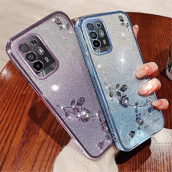 KADEM Yhteensopiva Oppo A95 5G / F19 Pro+ 5G / Reno5 Z / A94 5G TPU Naarmuuntumaton Suojakuori Strassikukka Glitter Liukuväri Puhelin Blue