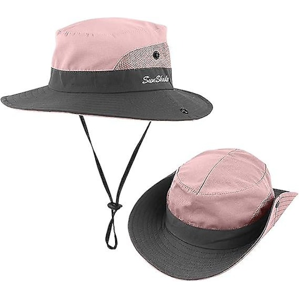 Solhatt for barn med UV-beskyttelse og hestehalehull, UPF 53 bøttehatt for jenter, sommer, strand, fiske