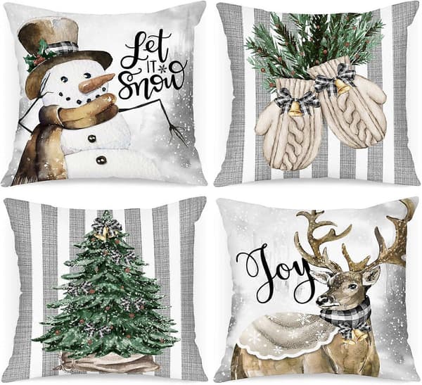Vinter 18x18 Jul Prydnadskuddar Set om 4, Jul Snögubbe Vantar Älg Eukalyptus Vinter 18 x 18 för Inomhus Hem Sovrum Soffa