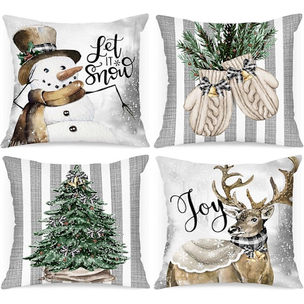Vinter 18x18 Juleputetrekk Sett med 4, Jul Snømann Hansker Elg Eucalyptus Vinter 18 x 18 for Innendørs Hjem Soverom Sofa
