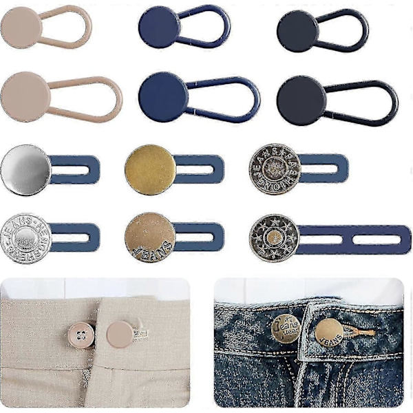 12 Stykker Jeans med Utvidet Linning, Multifunksjonell Justerbar Utvidet Knapp, Fjærjusterbar Knapp