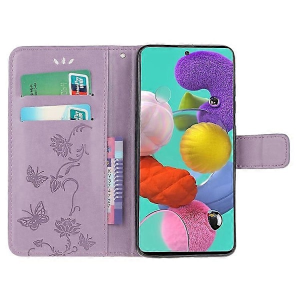 Præget Sommerfugl Blomst Skin PU Læder Flip Mobilcover Kompatibelt til Samsung Galaxy A51 LightPurple