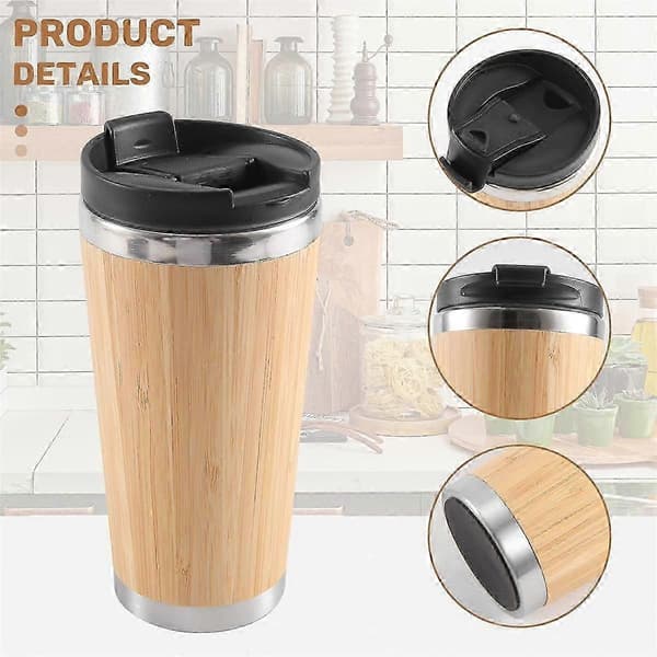 450 ml kaffemugg i bambu, resemugg i rostfritt stål med läckagesäkert lock, isolerad kaffemugg