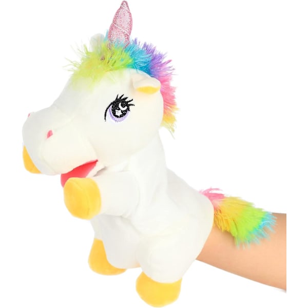 Plush Enhörning Handdocka Fylld Djurleksak Öppen Rörlig Mun Kreativ Rollspel Berättande Plushies Presenter till Barn Småbarn Födelsedag Jul