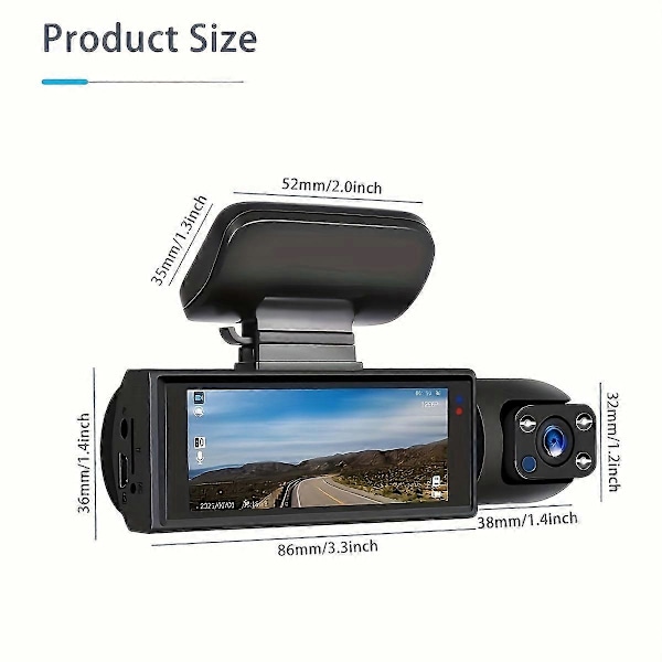 1080P dualt kamera, Dash Cam for biler, foran og innvendig, bilkamera med IR nattsyn, loop-opptak
