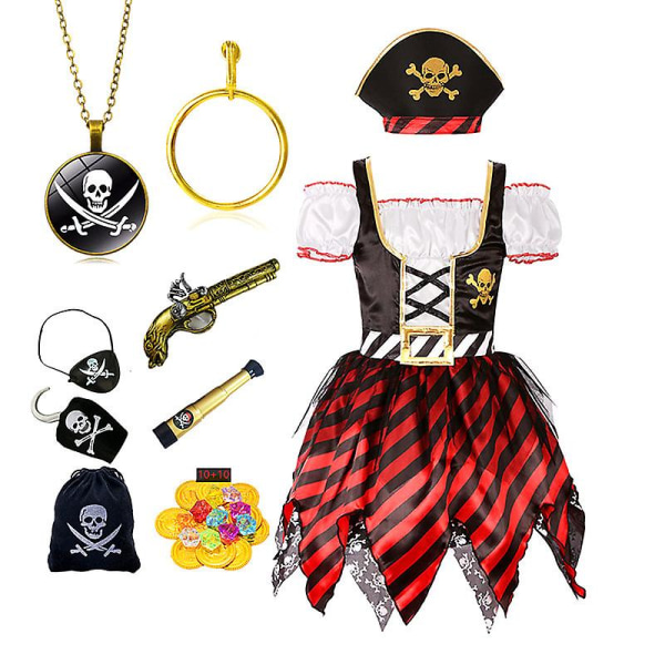 Pirate Cosplay Klänning för tjejer med puffärmar och halsbandstillbehör 1 S(3-4Y)