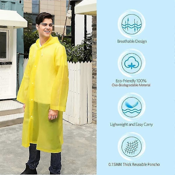 2-pack återanvändbara regnponchos för vuxna, regnjackor för damer och herrar med huva (gul)