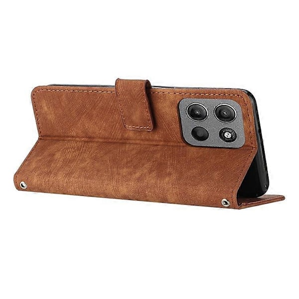 Kompatibel med Motorola Moto G15 4G Etui Prægede Linjer Læder Telefon Cover Foldbart Stativ Brown