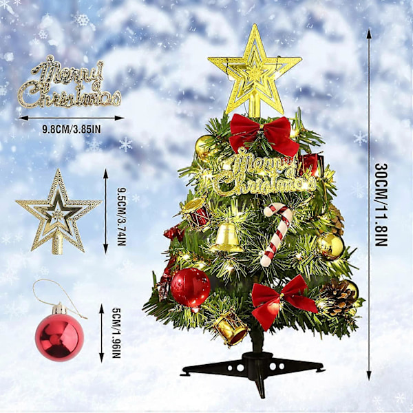 12 tommer/30 cm Mini Juletre for Bordplate, Kunstig Julefuru med LED-lys og Ornamenter