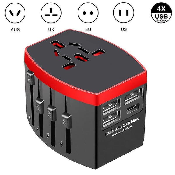 Universal Rejseadapter, internationalt Universalstik med 4 i 1 USB, sort