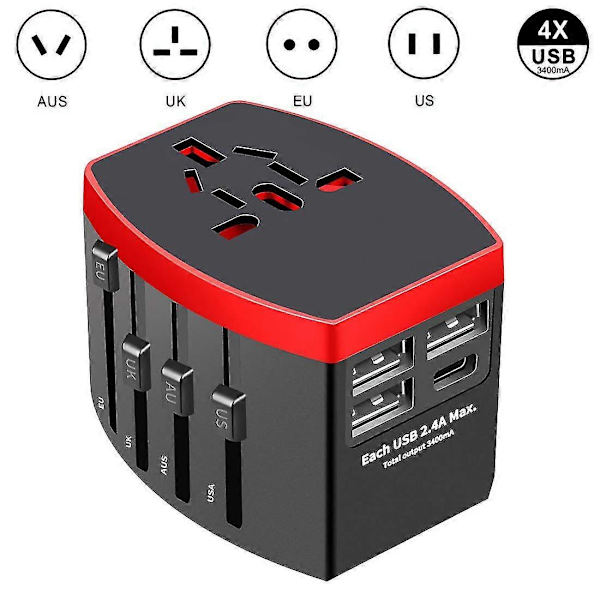 Universal Reseadapter, internationell Universalplugg med 4 i 1 USB, svart