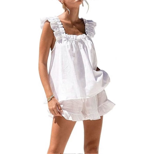 Dam 2-delat Set Sommar Mode Volang Cami Och Casual Shorts Set Bomulls Pyjamasset-ZZY