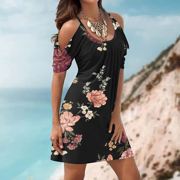 Klänning med print för kvinnor sommar Spaghetti Strap Ärmlös klänning 2-Pink L