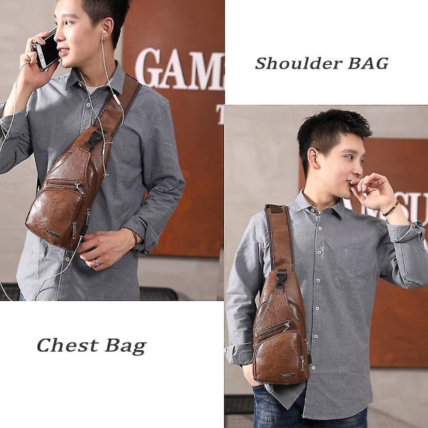 Slyngeveske for menn Brystveske med USB-ladeport Vanntett Pu-skinn Crossbody-veske
