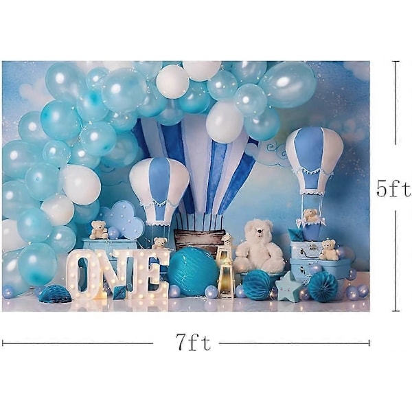 7x5ft Blå Dreng 1. Fødselsdag Fotobaggrund Varmeluftballoner Bjørn Baby Eventyr Baggrund Børnefest Dekoration Banner Nyfødt