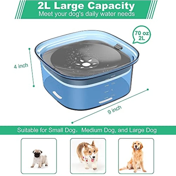 2l Hundvattenskål, stor kapacitet No-spill Hundvattenskål Rese stänksäker Anti-spill långsamt vattenmatare för husdjur Blue