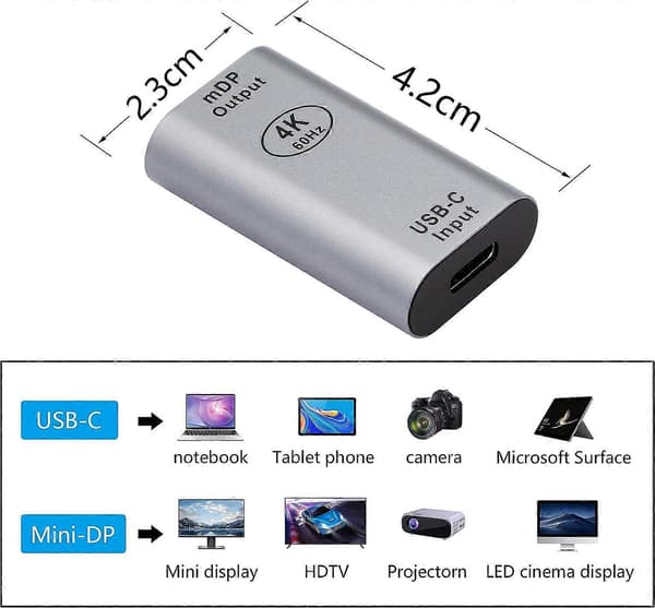 USB-C - Mini DisplayPort -sovitin, kullattu USB 3.1 Type C naaras - Mini DP naaras HD-sovitin, tukee 4K@60Hz, tukee 3D-visuaaliefektiä.