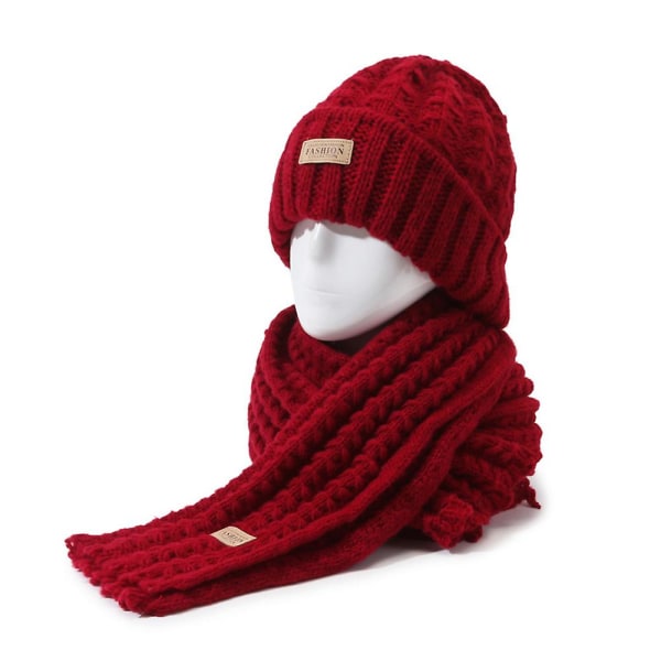 Naisten talvi lämmin neulottu pipo hattu set pitkä kaula, lämpimämpi huivi Ski Skull Caps Wine Red