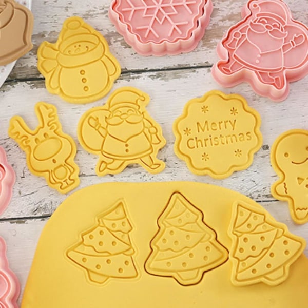 Julkakformar 8 st/set, 3D Pressbara Julkakformar och Stämplar, Jultomte Julgran Snögubbe Pepparkaksgubbe Formar