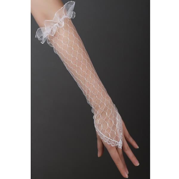 Dame Sommer Fingerløse Handsker Plaid Mesh Flæse Kant Hvide Bryllupsvanter