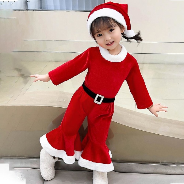 Jul pojkar flickor långärmad jumpsuit med spetsig hatt Set Santa Claus Cosplay kostym Red 2-3Y