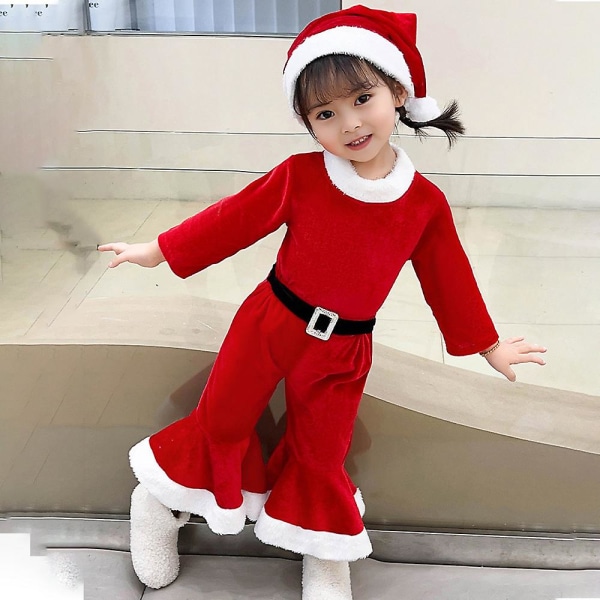 Jul pojkar flickor långärmad jumpsuit med spetsig hatt Set Santa Claus Cosplay kostym Red 5-6Y