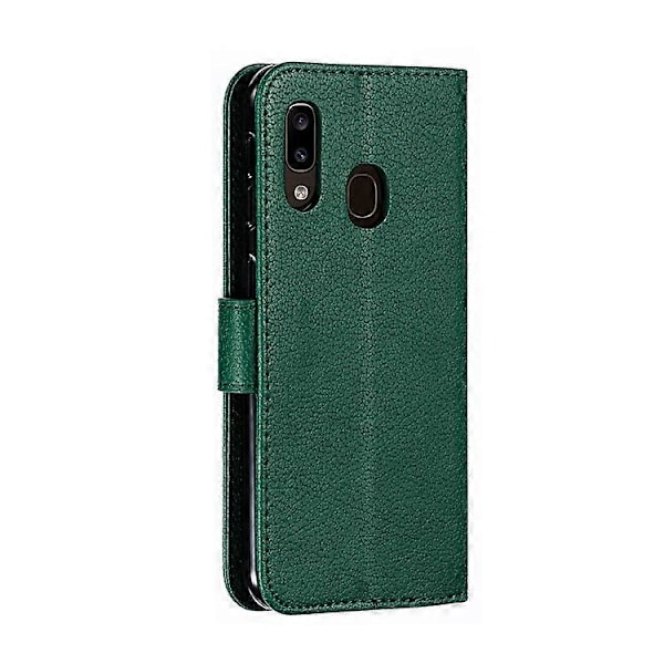 Litchi Tekstur Præget Fjer Læder Telefon Cover med Wallet Stand Kompatibel til Samsung Galaxy A20e Green