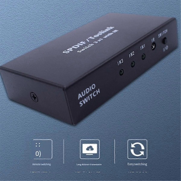 Optisk bryter med 2-veis Spdif Toslink optisk digital lydsplitter 3 inn 1 ut med IR fjernkontrollbryter